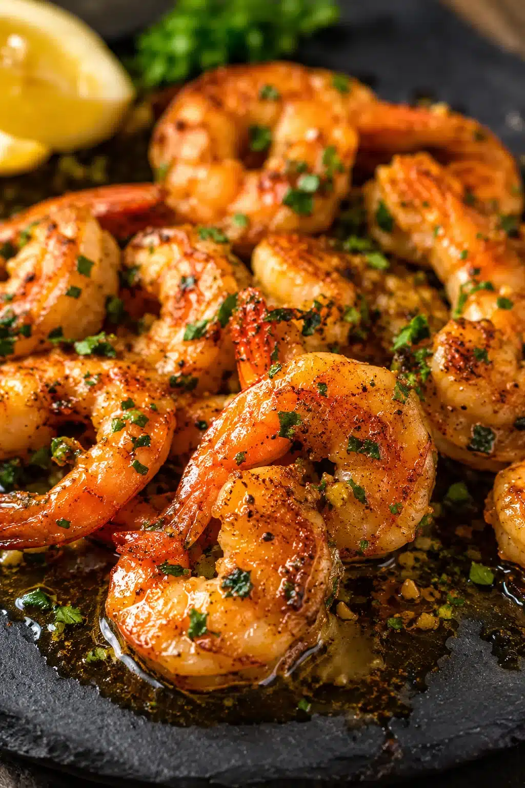 Juicy Cajun shrimp with garlic butter and parsley served on a rustic platter