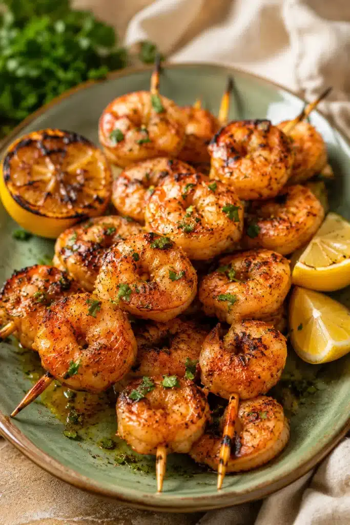 Cajun Shrimp 3 Juicy Cajun shrimp skewers with grilled lemon and fresh parsley on a ceramic platter