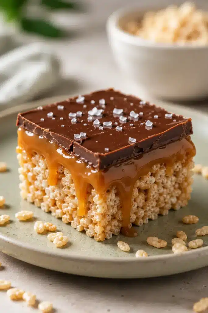 Caramel Chocolate Rice Krispies 3 Caramel Chocolate Rice Krispies bars with gooey caramel, chocolate topping, and flaky sea salt.