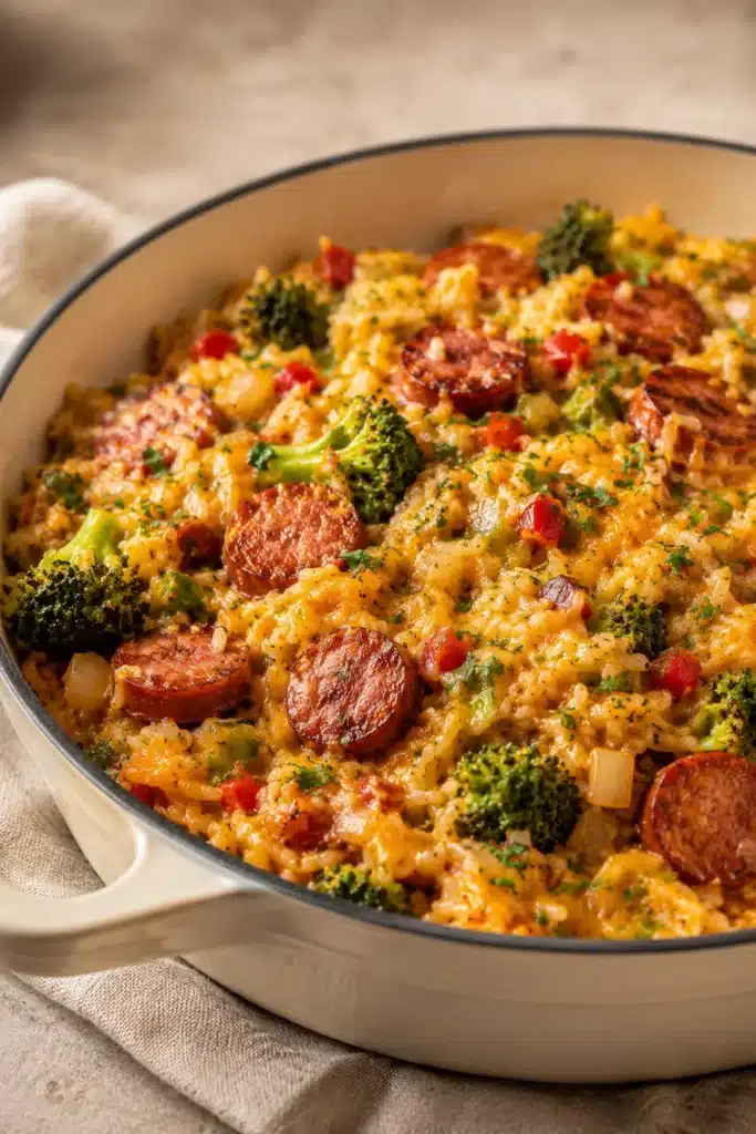 Cheesy Kielbasa Rice and Broccoli Skillet cooked in a one pan dinner