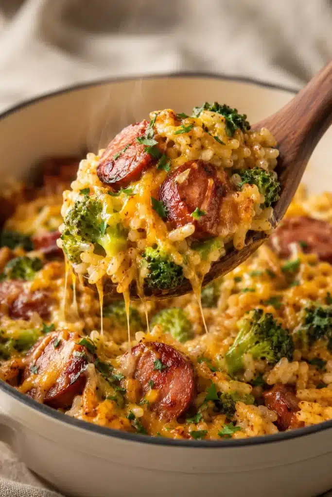 Cheesy Kielbasa Rice and Broccoli Skillet with smoked sausage, broccoli, rice, and melted cheddar cheese