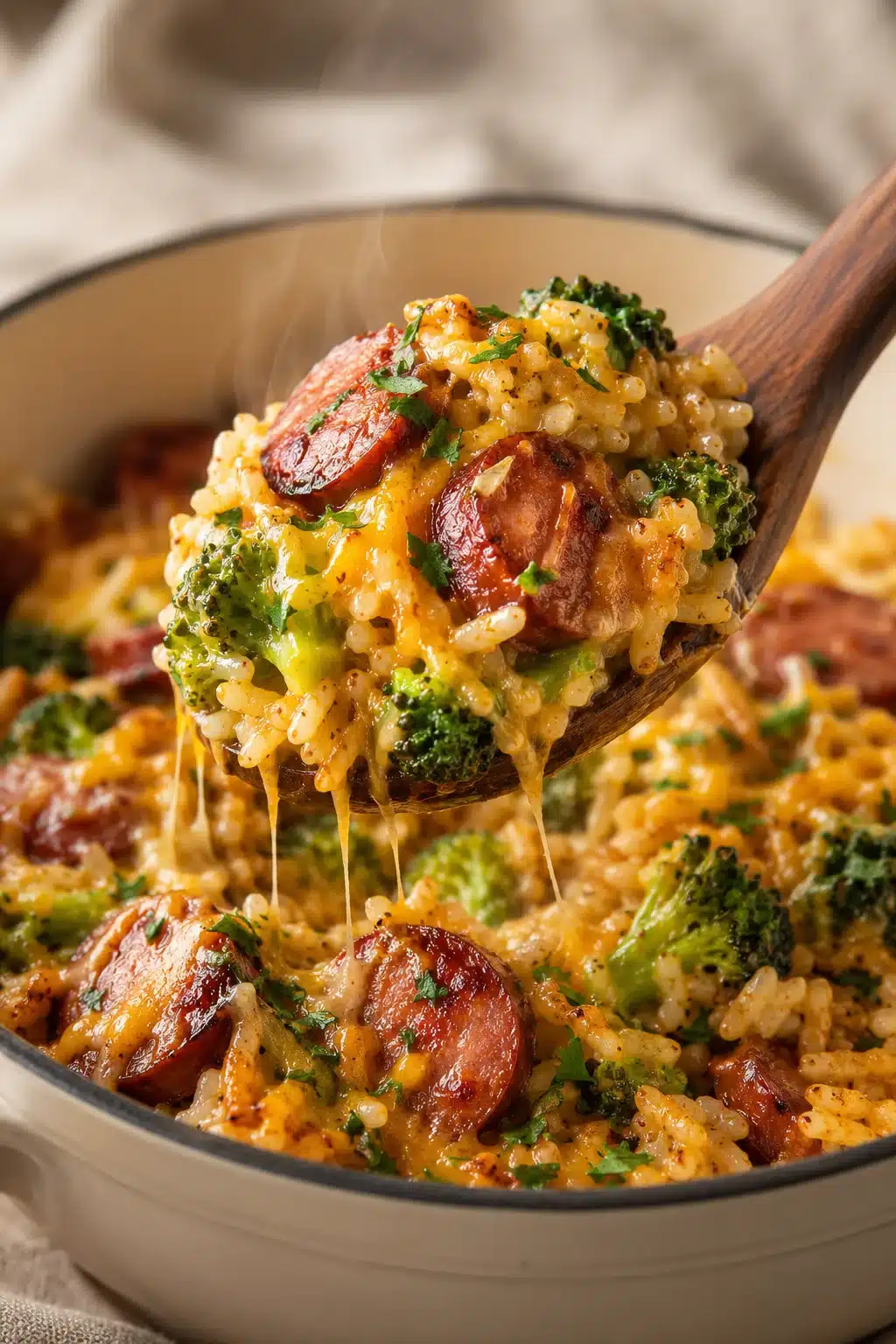 Cheesy Kielbasa Rice and Broccoli Skillet with smoked sausage, broccoli, rice, and melted cheddar cheese