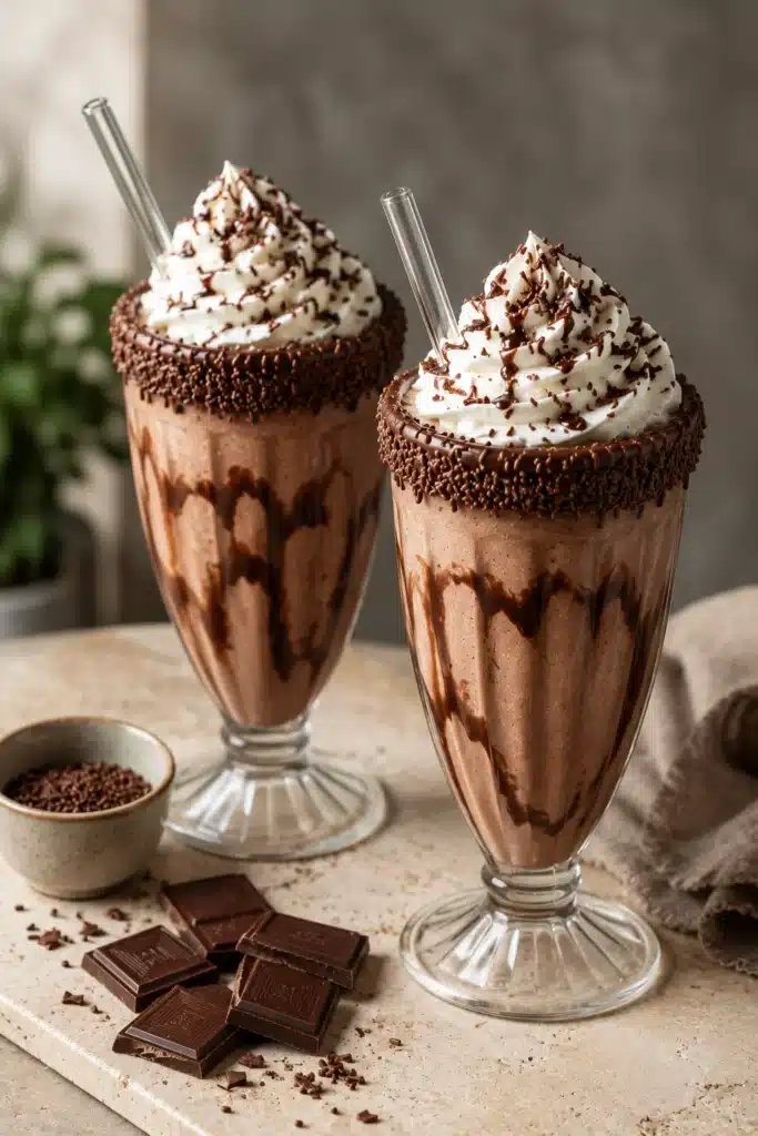 Chocolate Milkshake Recipe 3 Creamy chocolate milkshake with whipped cream and chocolate sprinkles in tall glass.