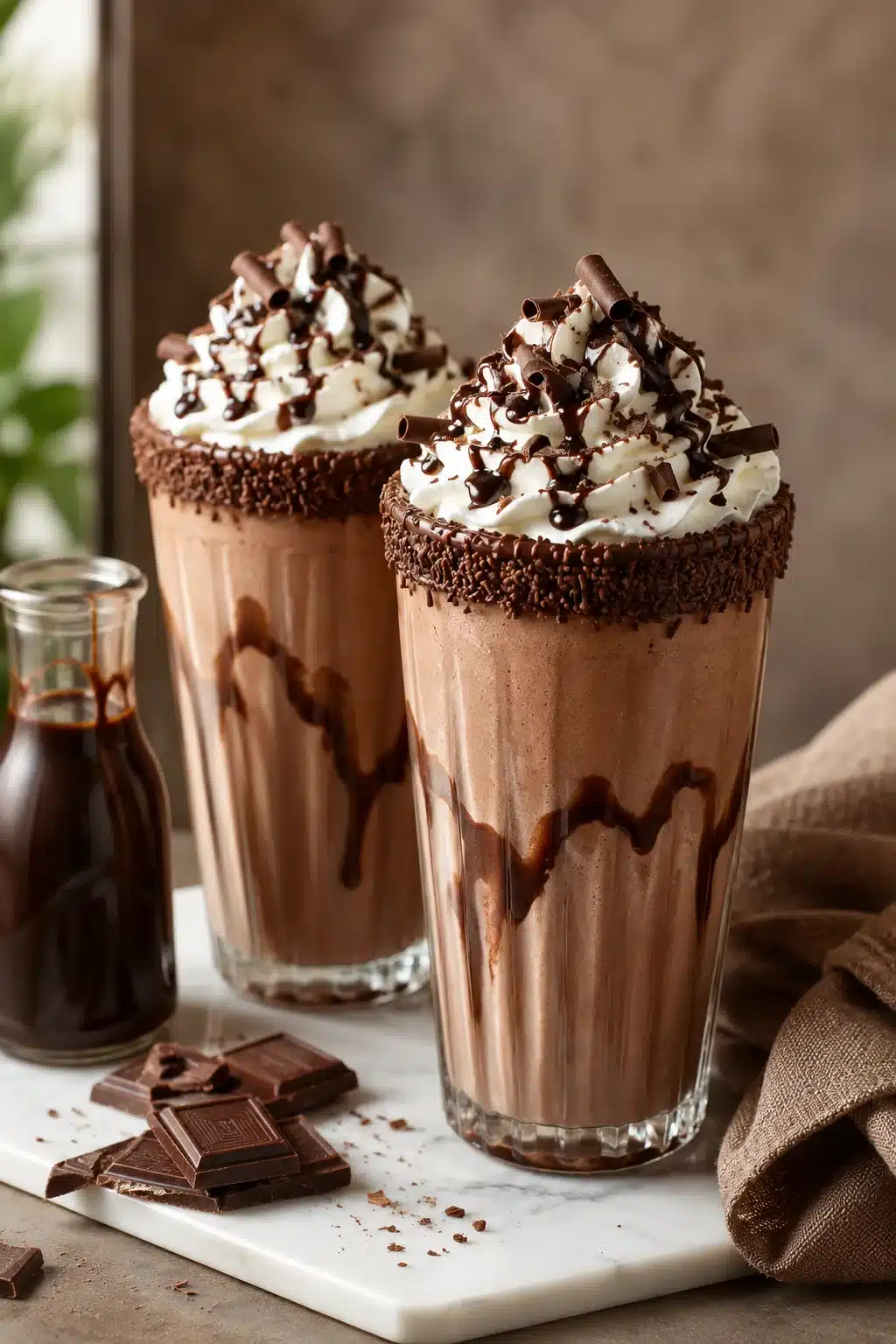 Creamy homemade chocolate milkshake topped with whipped cream and chocolate sprinkles in a tall glass.