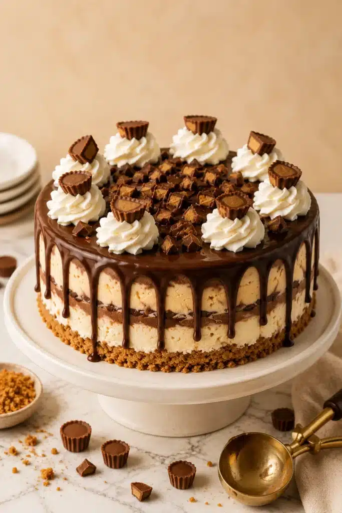 Chocolate Peanut Butter Ice Cream Cake 3 Chocolate Peanut Butter Ice Cream Cake decorated with whipped cream and chocolate drizzle
