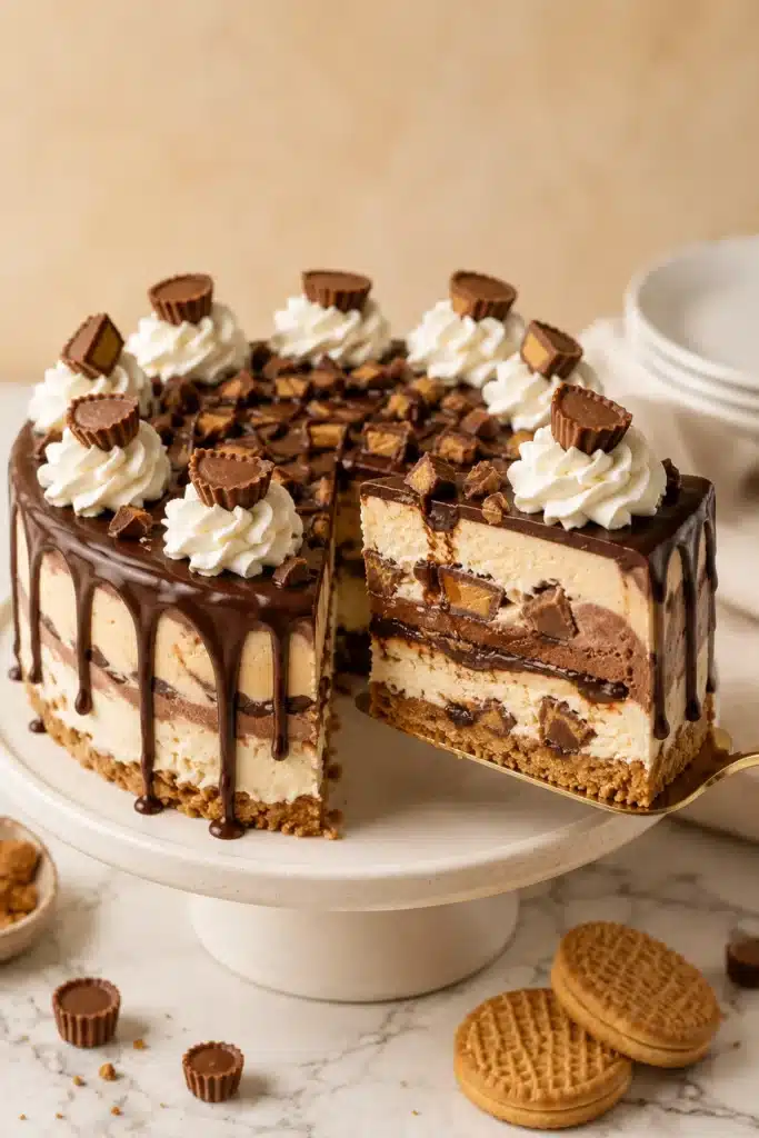 Chocolate Peanut Butter Ice Cream Cake with creamy ice cream layers, hot fudge, whipped cream, and peanut butter cups
