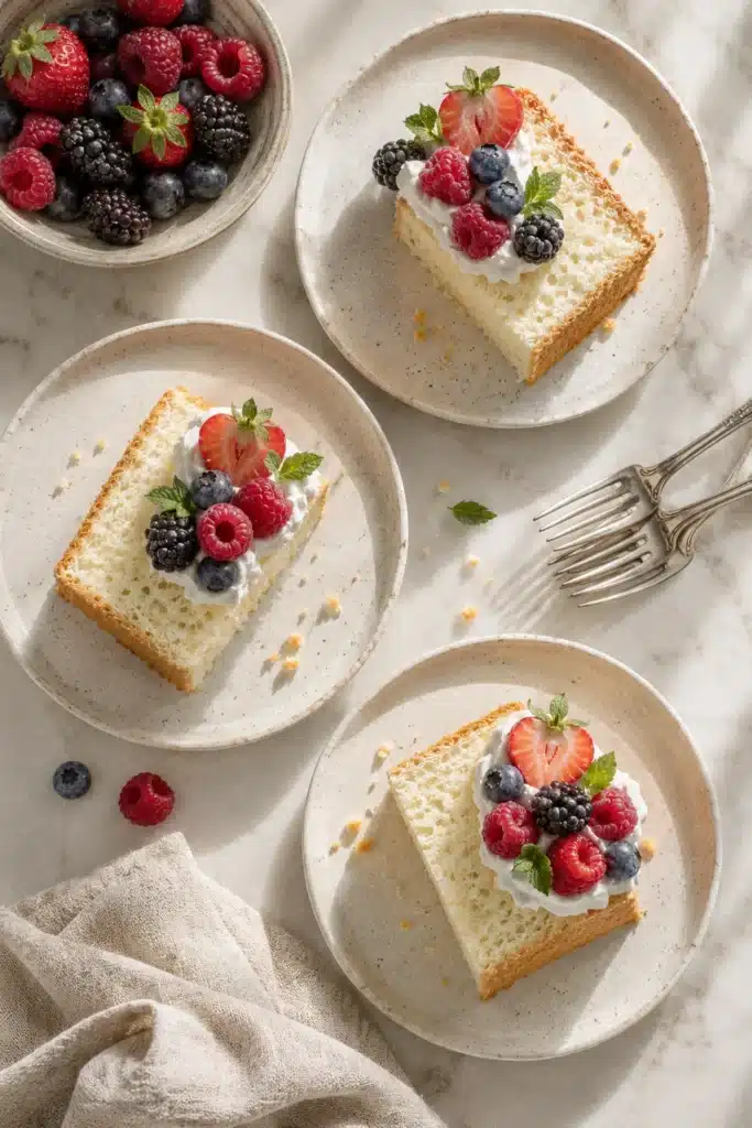 Classic Chiffon Cake Recipe slices topped with whipped cream and fresh berries
