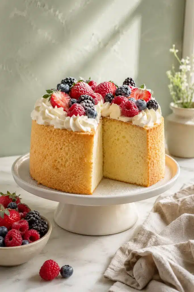 Classic chiffon cake topped with whipped cream and fresh berries on a ceramic cake stand