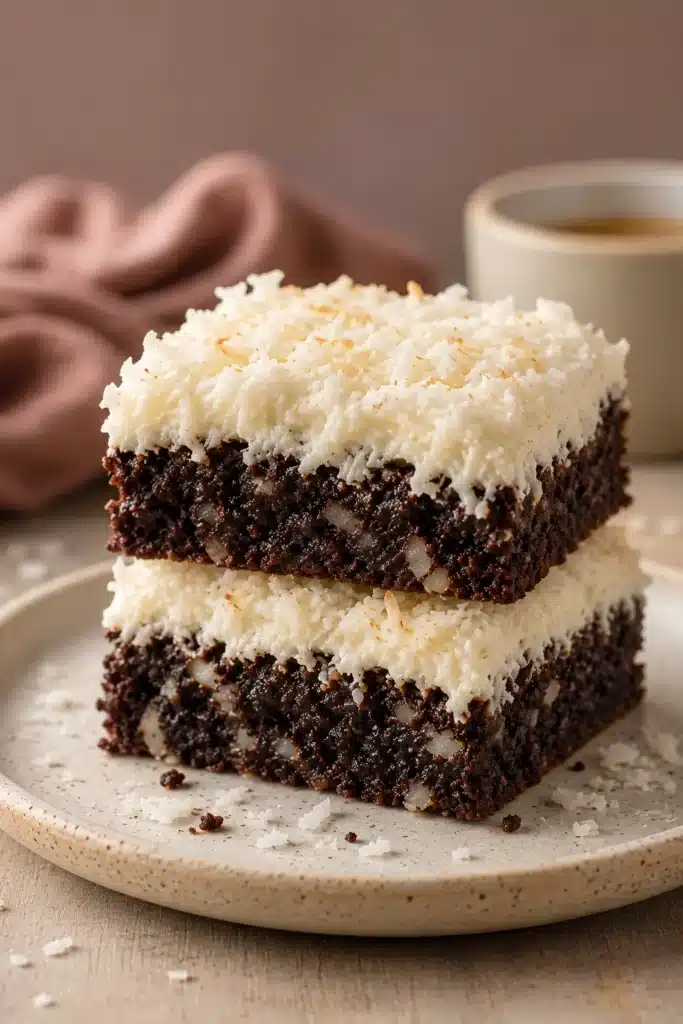 Fudgy Coconut Brownies Recipe with creamy coconut frosting on a ceramic plate.