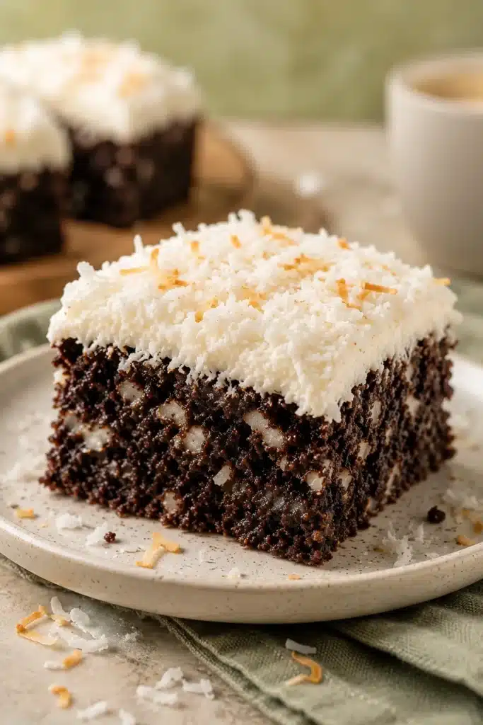 Fudgy coconut brownies topped with creamy coconut frosting on a ceramic plate.