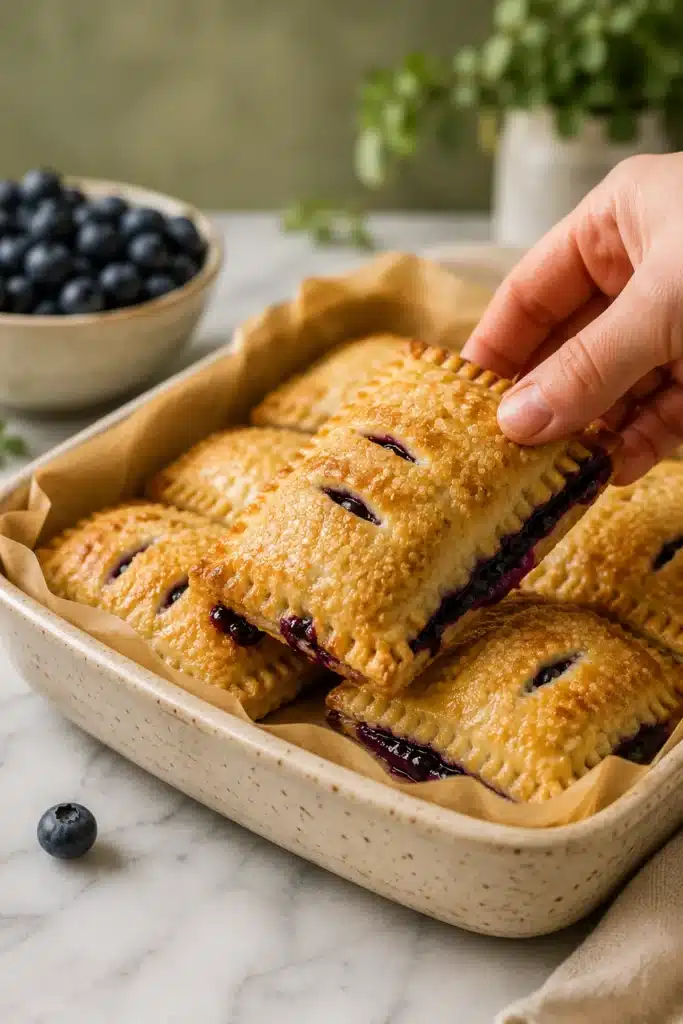 Easy Blueberry Hand Pies with flaky golden crust and juicy blueberry filling.