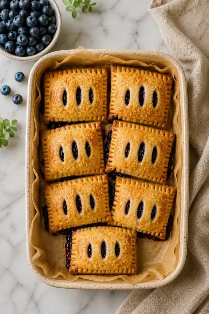 Easy Blueberry Hand Pies arranged in a baking dish with fresh blueberries.