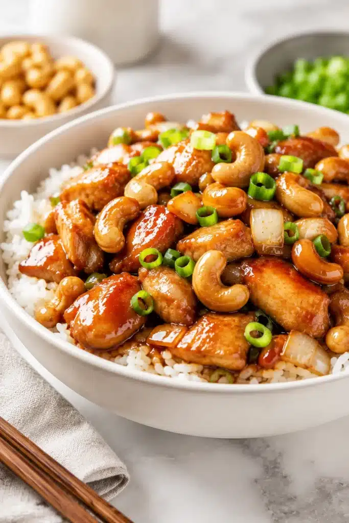 Easy Cashew Chicken 3 Easy Cashew Chicken served over fluffy white rice with roasted cashews and green onions