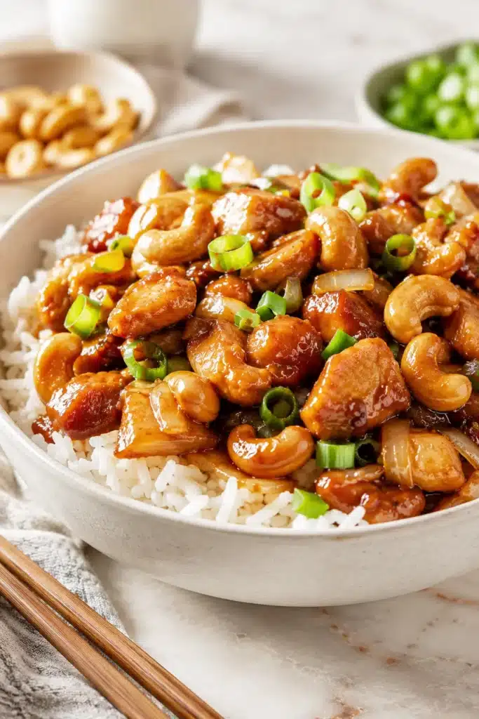 Easy Cashew Chicken served over fluffy white rice with roasted cashews and green onions.