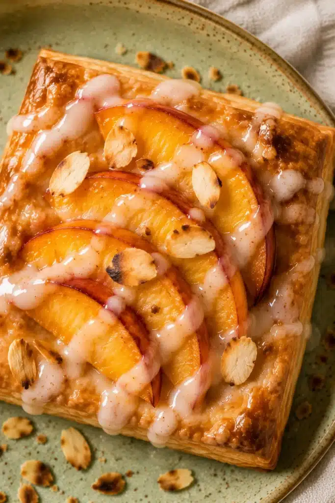 Easy Peach Tartlets Recipe with flaky puff pastry, peaches, vanilla glaze, and toasted almonds