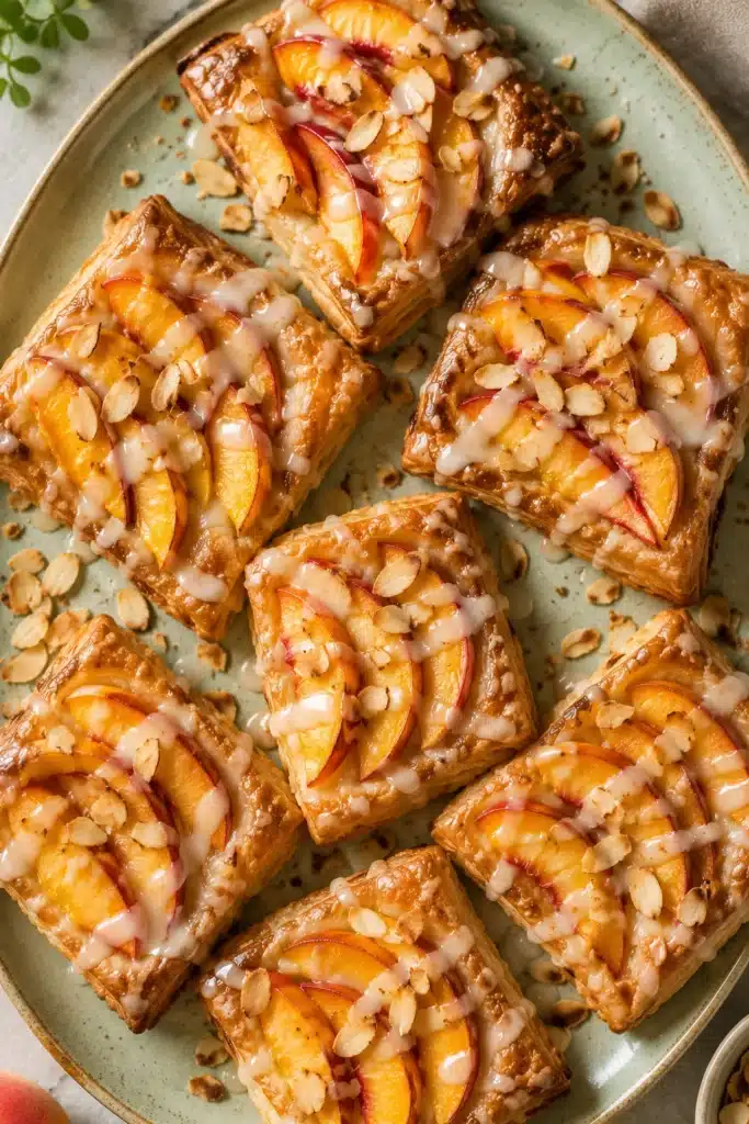 Easy Peach Tartlets Recipe with flaky puff pastry, fresh peaches, vanilla glaze, and toasted almonds.