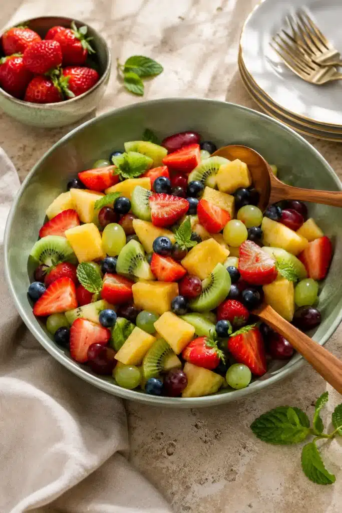 Fresh Fruit Salad with pineapple, strawberries, kiwi, grapes, blueberries, and mint in a serving bowl