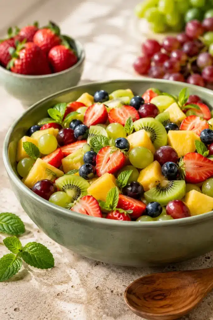 Fresh fruit salad with pineapple, strawberries, kiwi, grapes, blueberries, and mint in a serving bowl.