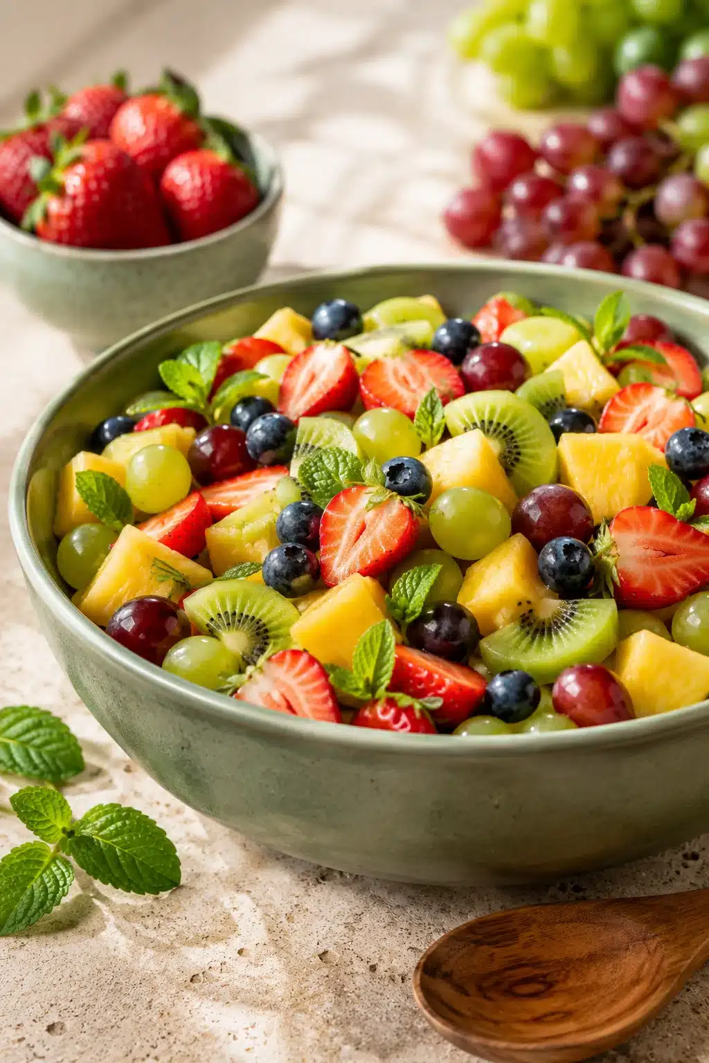 Fresh fruit salad with pineapple, strawberries, kiwi, grapes, blueberries, and mint in a serving bowl.