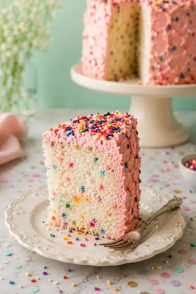 Funfetti Angel Food Cake 3 Funfetti Angel Food Cake slice with pink frosting and rainbow sprinkles