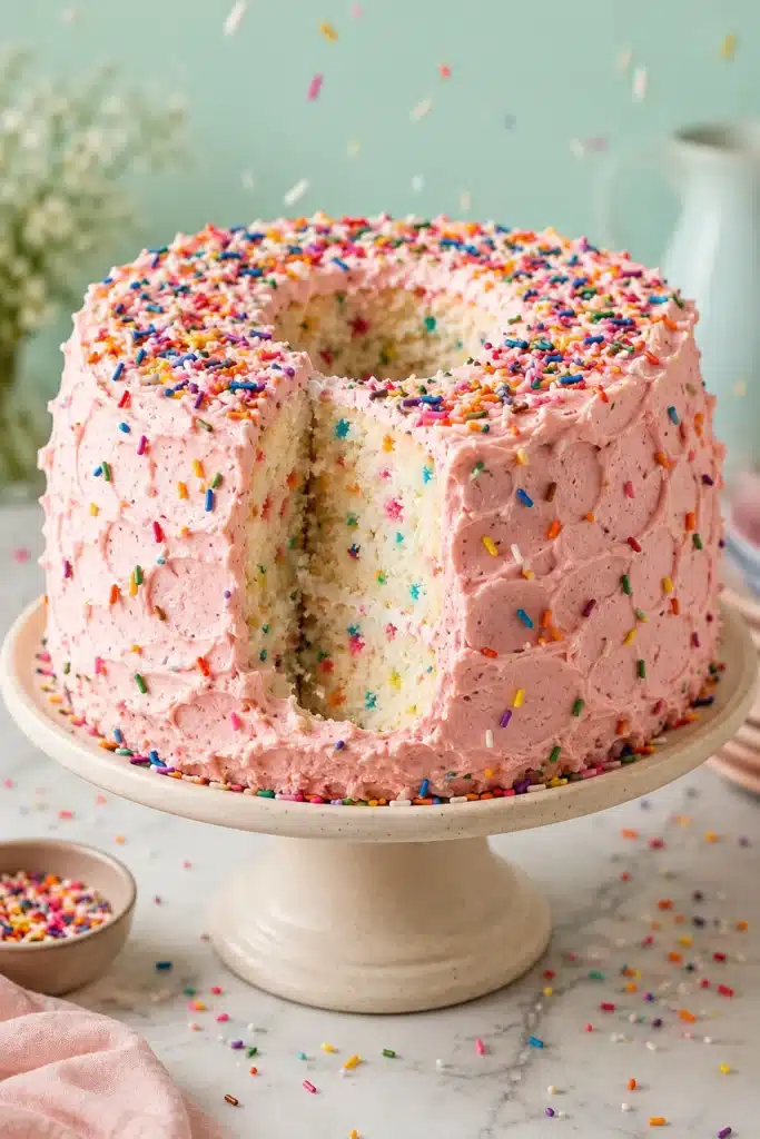 Funfetti Angel Food Cake with pink frosting and rainbow sprinkles on a cake stand.