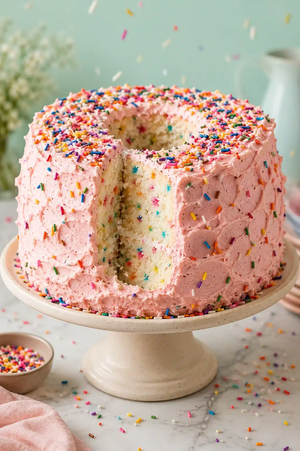 Funfetti Angel Food Cake with pink frosting and rainbow sprinkles on a cake stand.