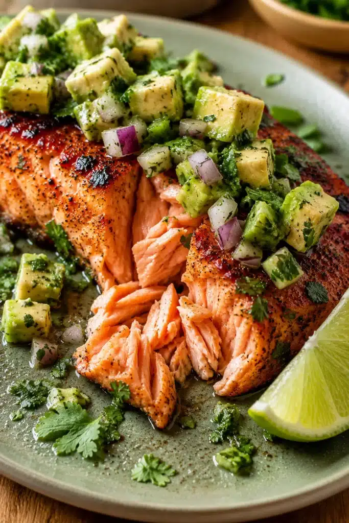 Grilled Salmon with Avocado Salsa 3 Grilled Salmon with Avocado Salsa showing perfectly flaky salmon and fresh avocado topping