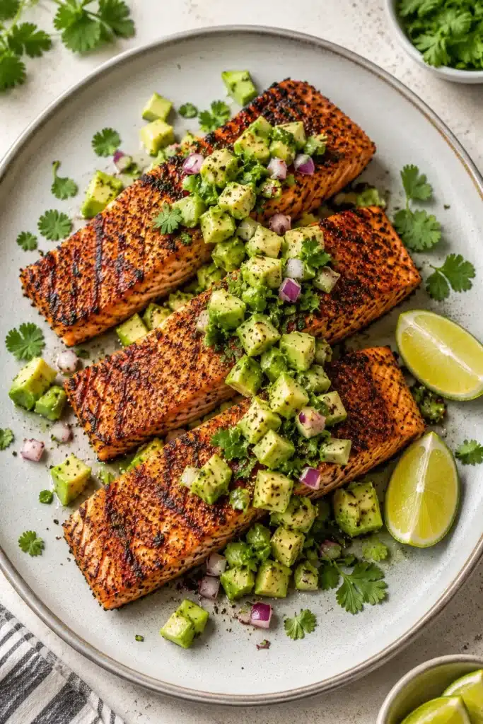 Grilled salmon with avocado salsa topped with cilantro, red onion, and fresh lime on a ceramic plate.