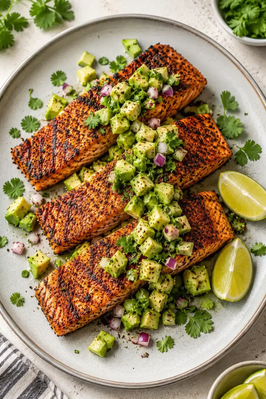 Grilled salmon with avocado salsa topped with cilantro, red onion, and fresh lime on a ceramic plate.