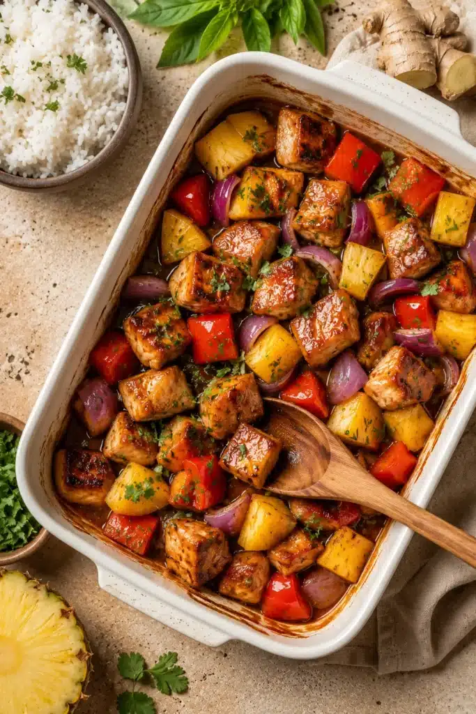 Hawaiian Chicken 3 Hawaiian Chicken baking in a sheet pan with pineapple, peppers, and sweet savory sauce.