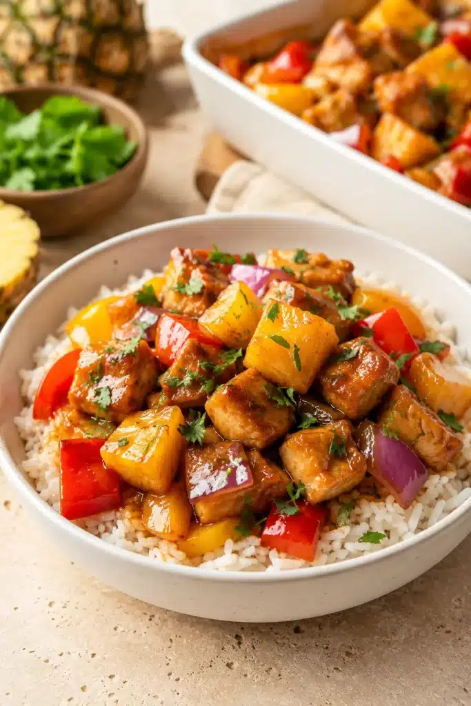 Hawaiian Chicken served over white rice with pineapple, bell peppers, and onions in a ceramic bowl.