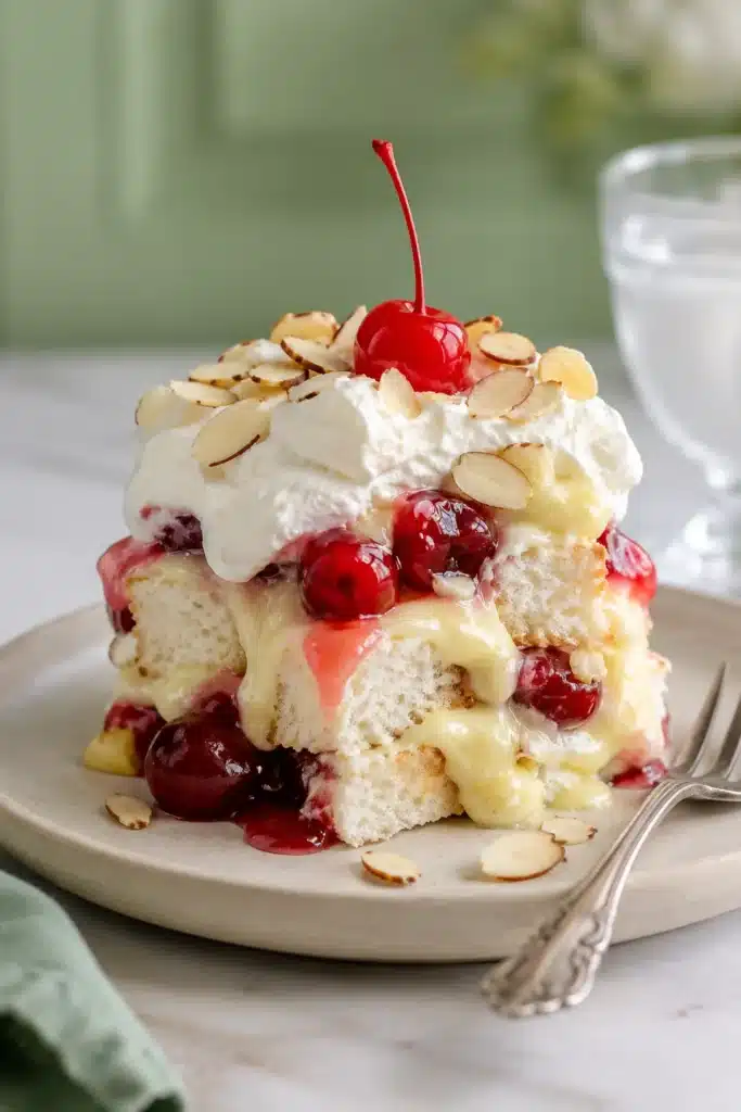 Heaven On Earth Cake with cherry pie filling, vanilla pudding, whipped topping, and toasted almonds on a dessert plate.