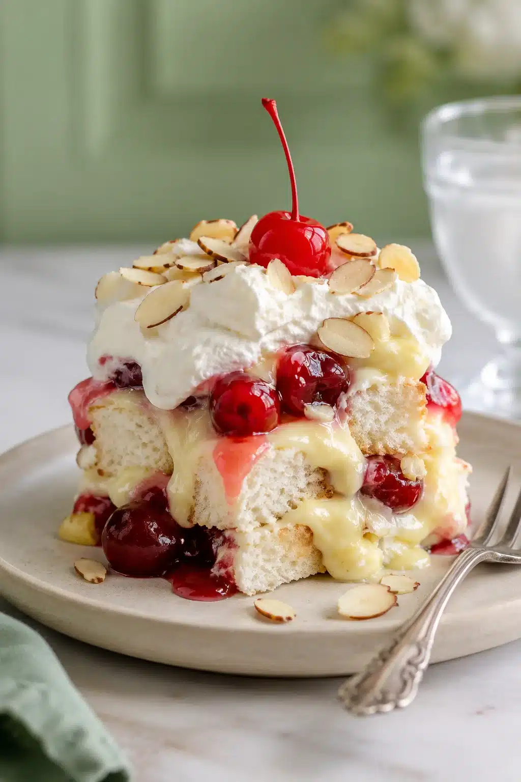 Heaven On Earth Cake with cherry pie filling, vanilla pudding, whipped topping, and toasted almonds on a dessert plate.