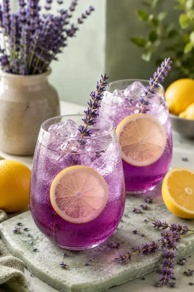 Lavender Lemonade Recipe served over ice with fresh lemon slices and lavender sprigs