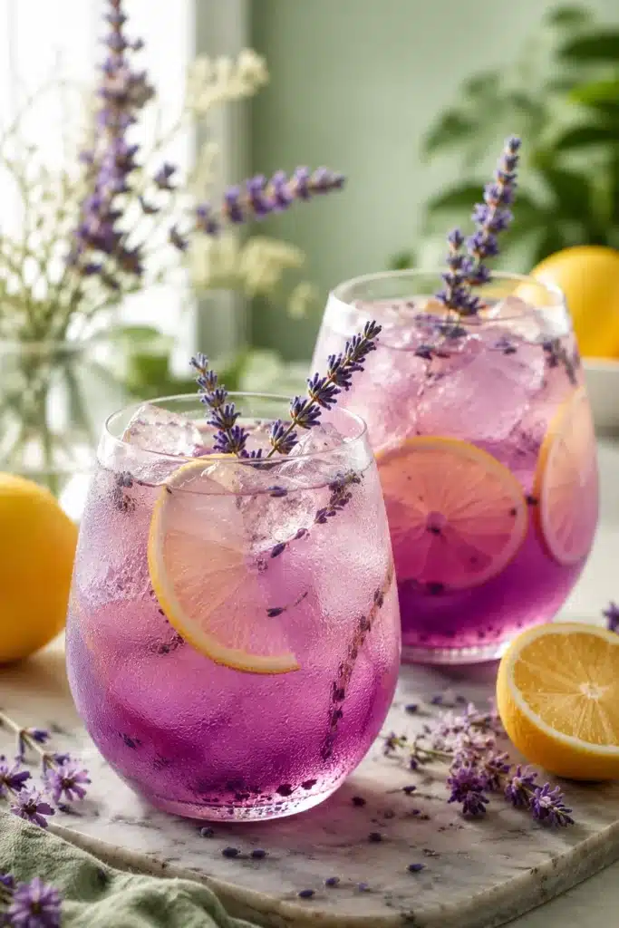 Lavender Lemonade Recipe served over ice with lemon slices and fresh lavender garnish.