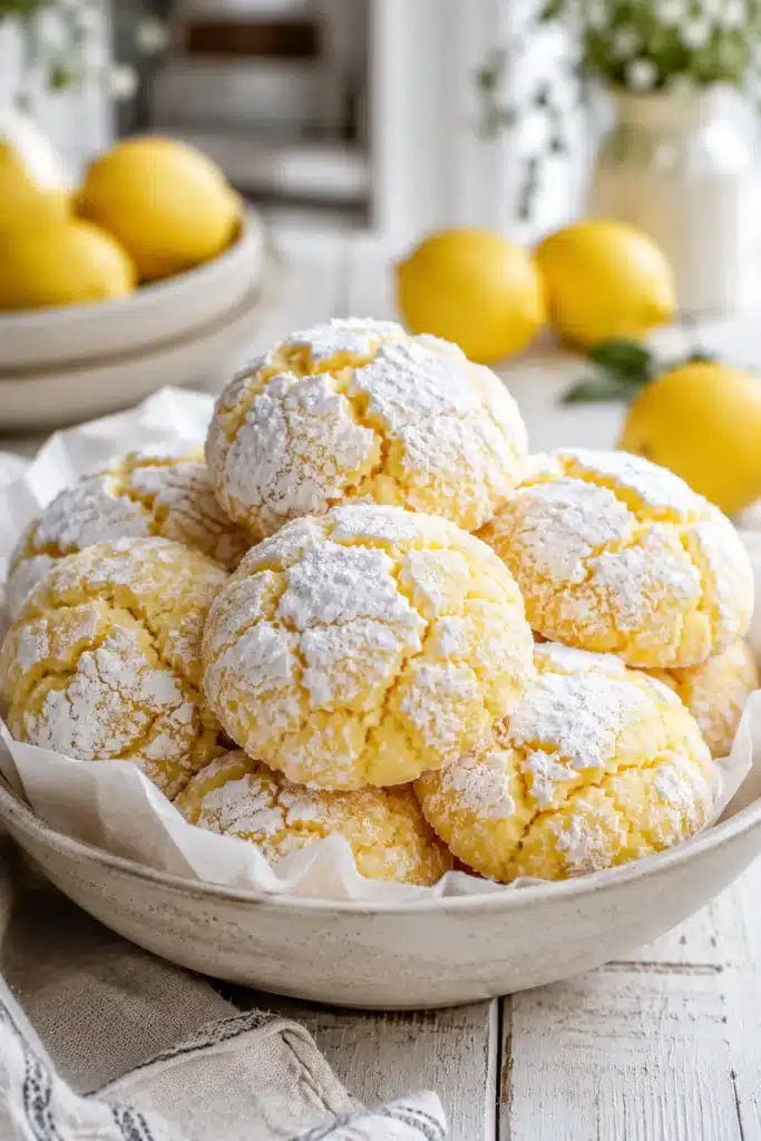 Soft homemade Lemon Cookies with powdered sugar in a ceramic bowl.