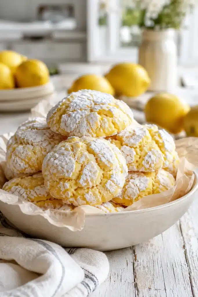 Soft homemade Lemon Cookies coated in powdered sugar with fresh lemons on a rustic wooden table.