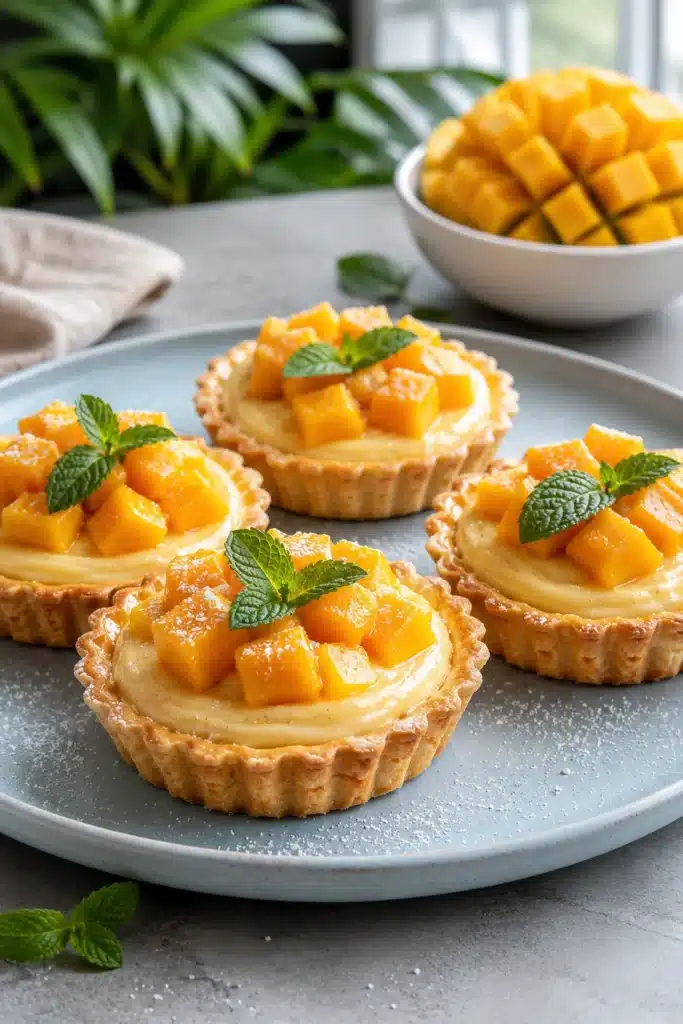 Mango Vanilla Lava Tartlets 3 Mango Vanilla Lava Tartlets with creamy vanilla filling and fresh mango topping
