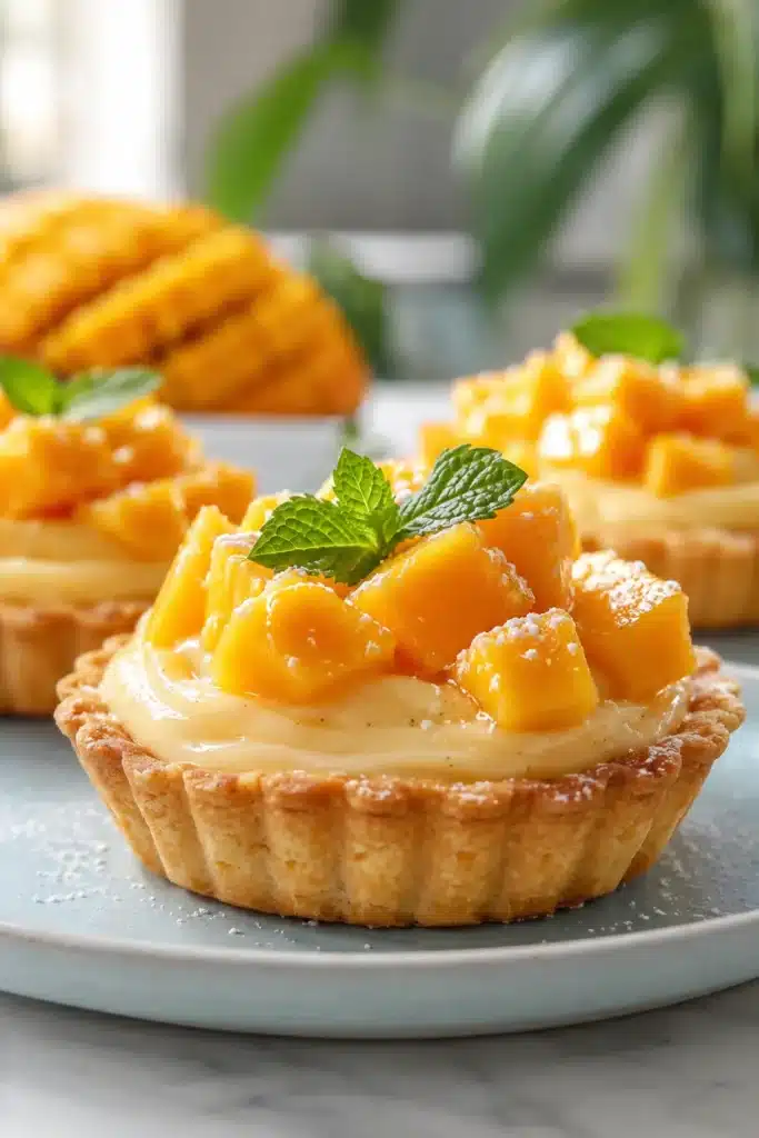 Mango Vanilla Lava Tartlets topped with fresh mango cubes and mint on a ceramic plate.