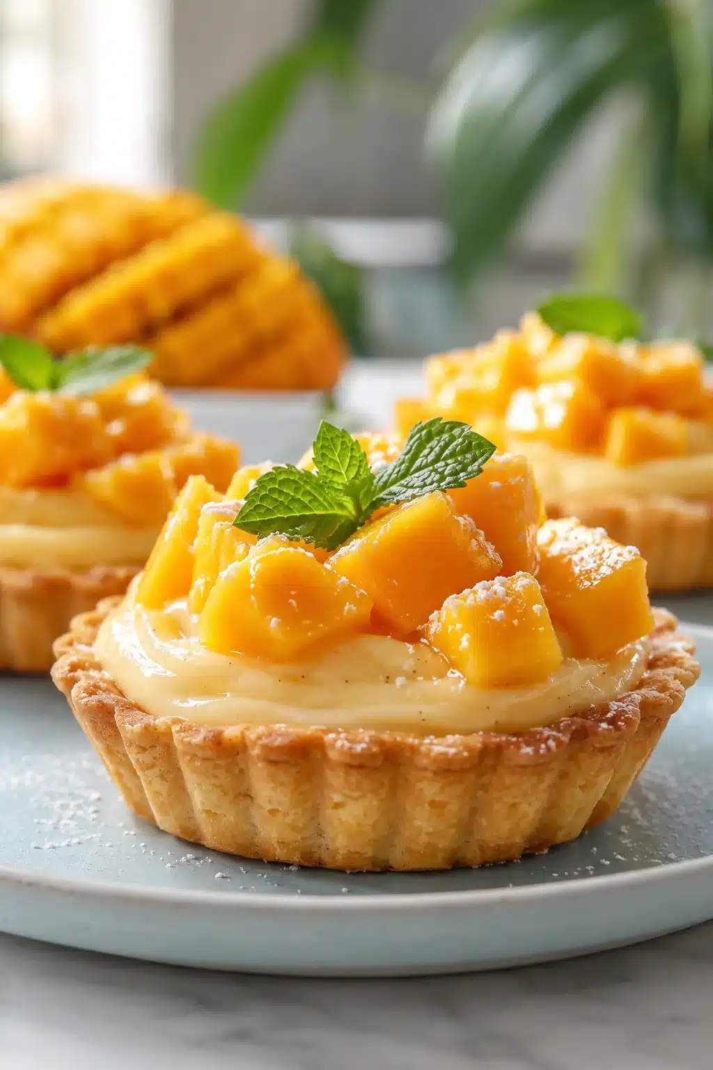 Mango Vanilla Lava Tartlets topped with fresh mango cubes and mint on a ceramic plate.