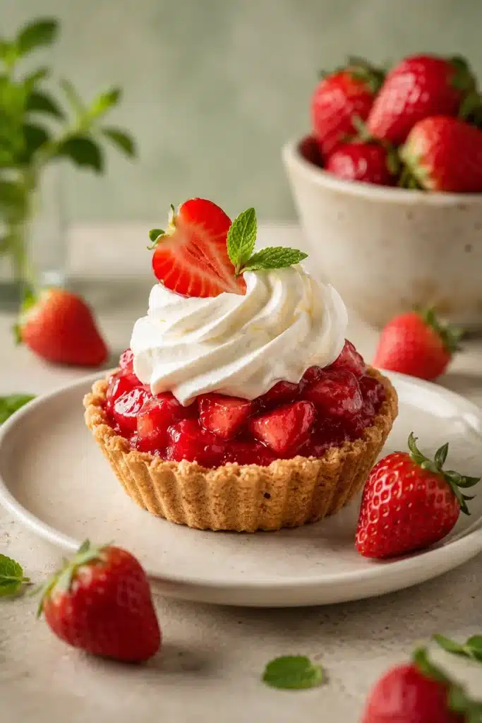 Mini Strawberry Pie with fresh strawberries, whipped cream, and graham cracker crust on a ceramic plate.