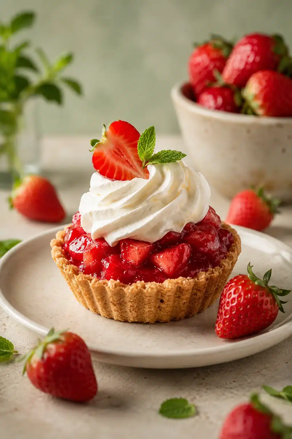 Mini Strawberry Pie with fresh strawberries, whipped cream, and graham cracker crust on a ceramic plate.