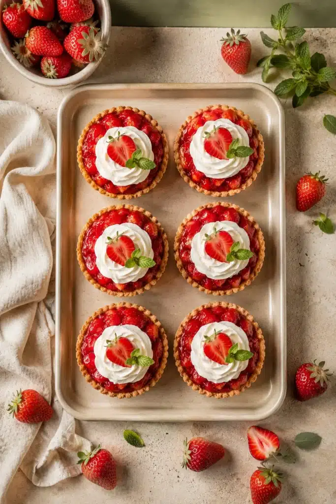 Mini Strawberry Pies topped with whipped cream on a baking tray