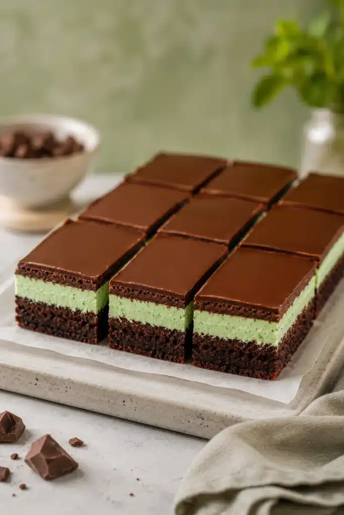 Mint Brownies 3 Mint Brownies sliced into bars with creamy mint filling and chocolate ganache