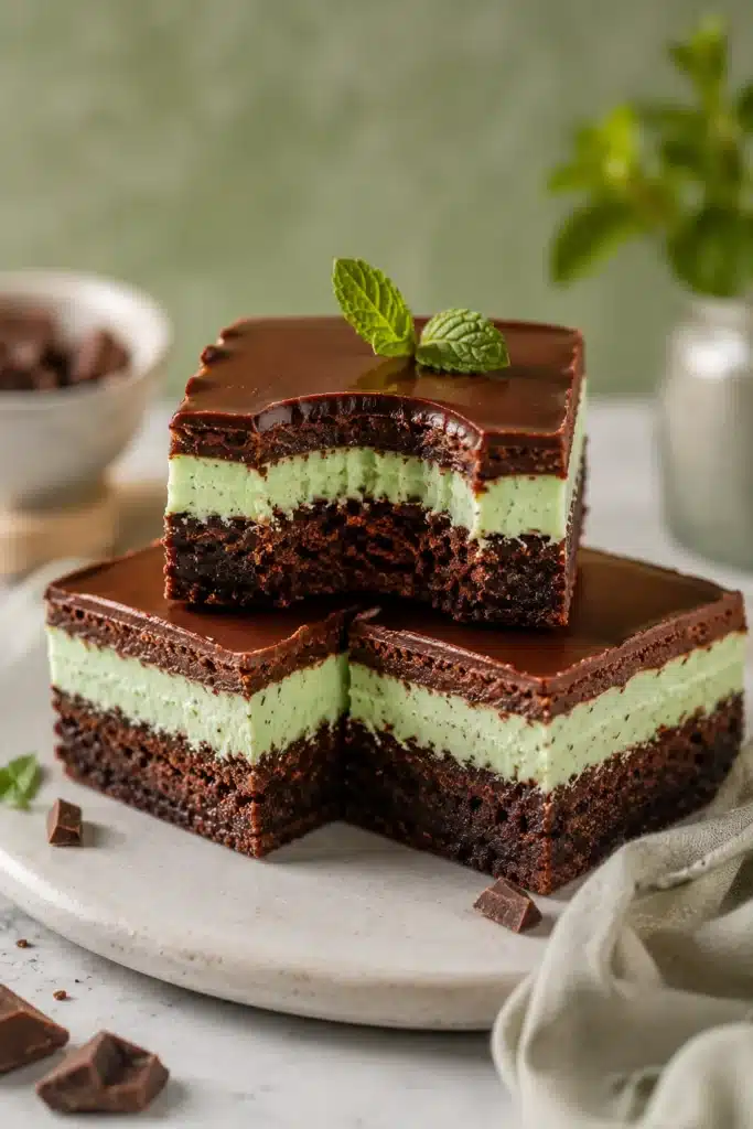 Mint brownies with fudgy chocolate layers, creamy mint filling, and glossy chocolate ganache.