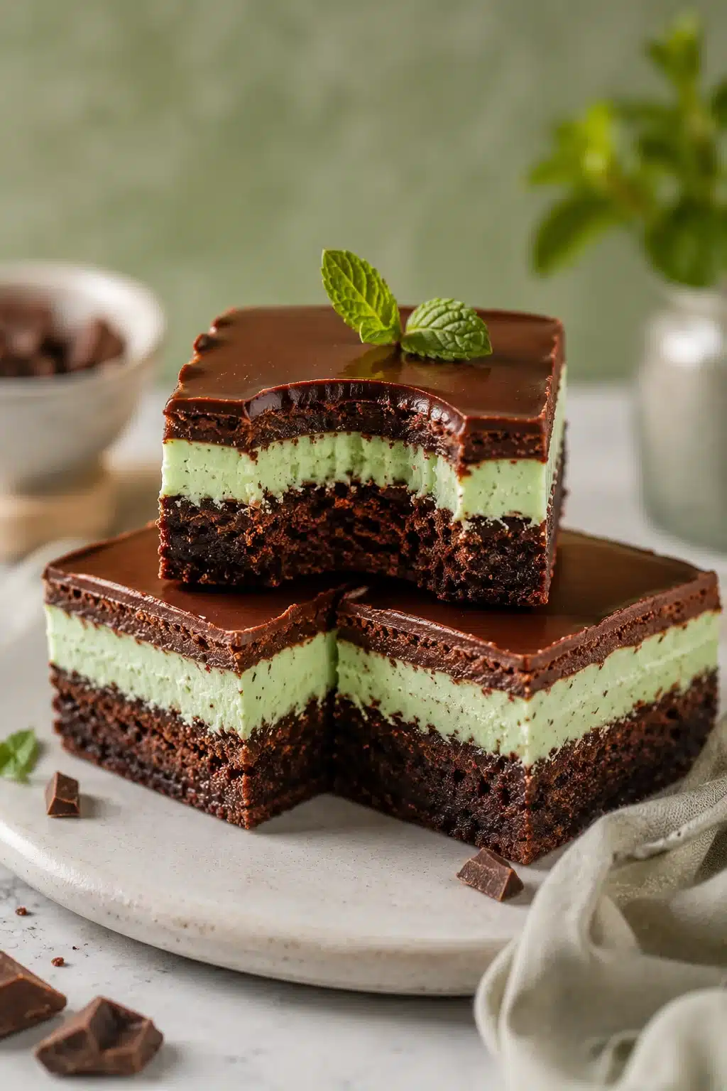 Mint brownies with fudgy chocolate layers, creamy mint filling, and glossy chocolate ganache.