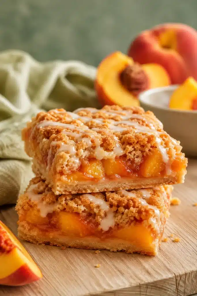 Peach Crumb Bars with buttery crust, juicy peaches, crumb topping, and vanilla glaze.