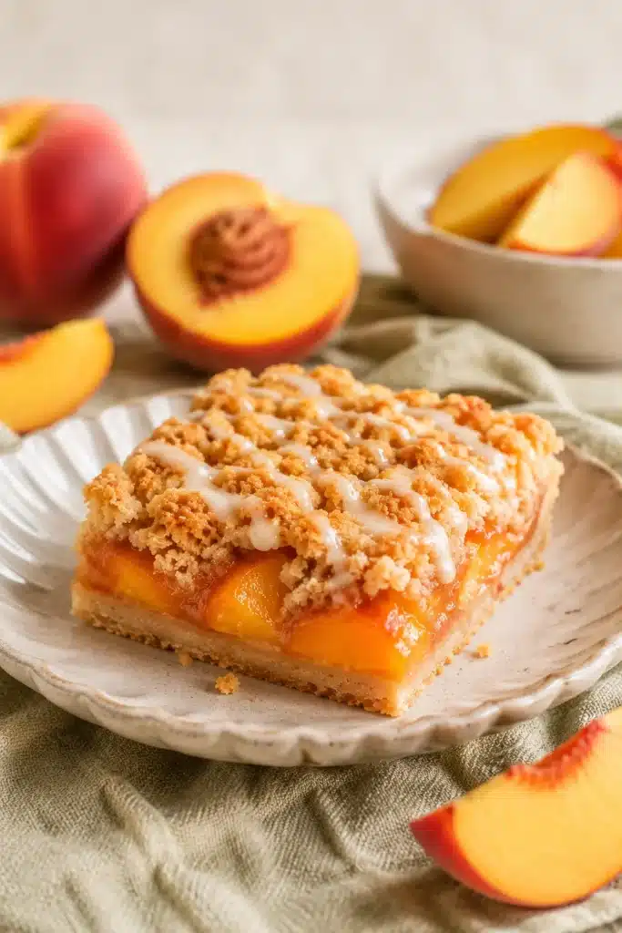 Peach Crumb Bars 3 Peach Crumb Bar with buttery crust, juicy peaches, crumb topping, and vanilla glaze on a dessert plate.