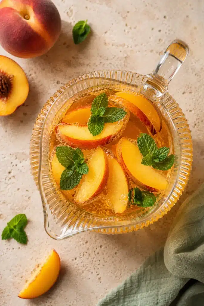 Peach Sangria in a glass pitcher with fresh peach slices and sparkling white wine.