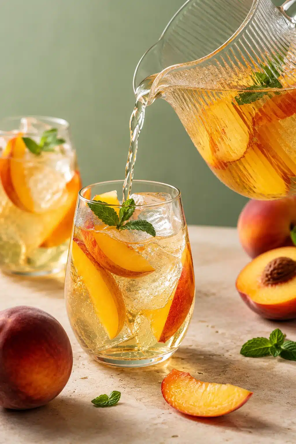 Peach Sangria with fresh peach slices, white wine, and ice being poured into a glass.